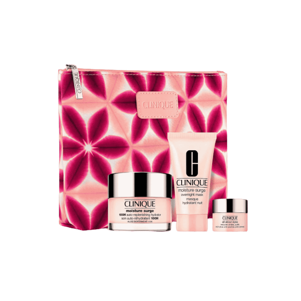 Clinique Moisture Surge skincare set with floral pouch, moisturizer jar, overnight mask, and eye cream