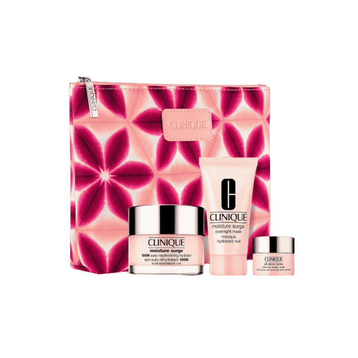 Clinique Moisture Surge skincare set with floral pouch, moisturizer jar, overnight mask, and eye cream