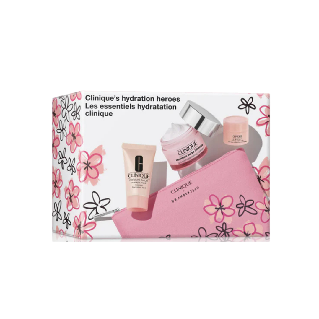 Clinique Moisture Megastars moisturizing set in floral box with pink pouch and skincare products