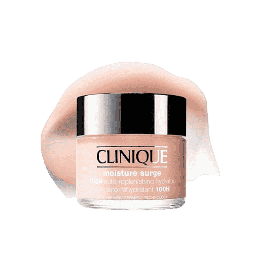 Clinique Moisture Surge 100H hydrator in pink jar with silver lid and peach cream swatch