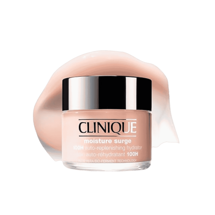 Clinique Moisture Surge 100H hydrator in pink jar with silver lid and peach cream swatch