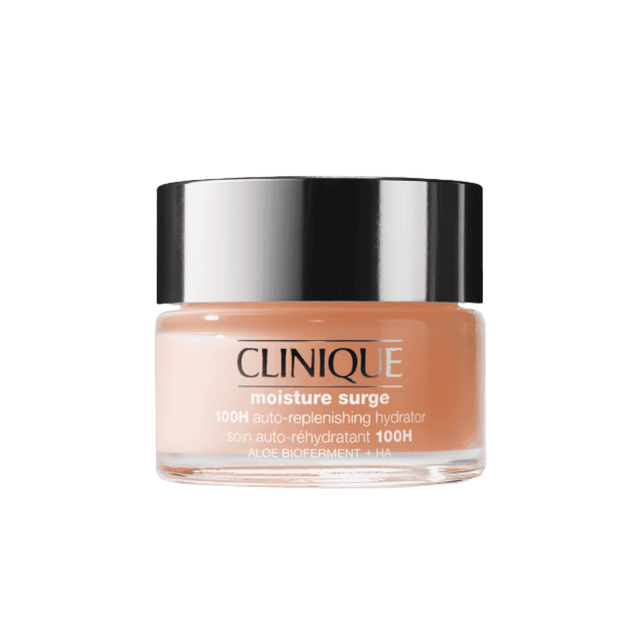 Clinique Moisture Surge 100H auto-replenishing hydrator in peach jar with black silver lid