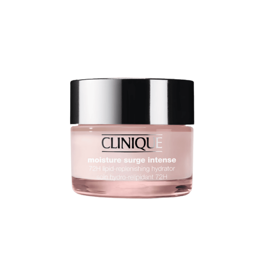 Clinique Moisture Surge Intense 72H lipid-replenishing hydrator in pink jar with silver lid and white text