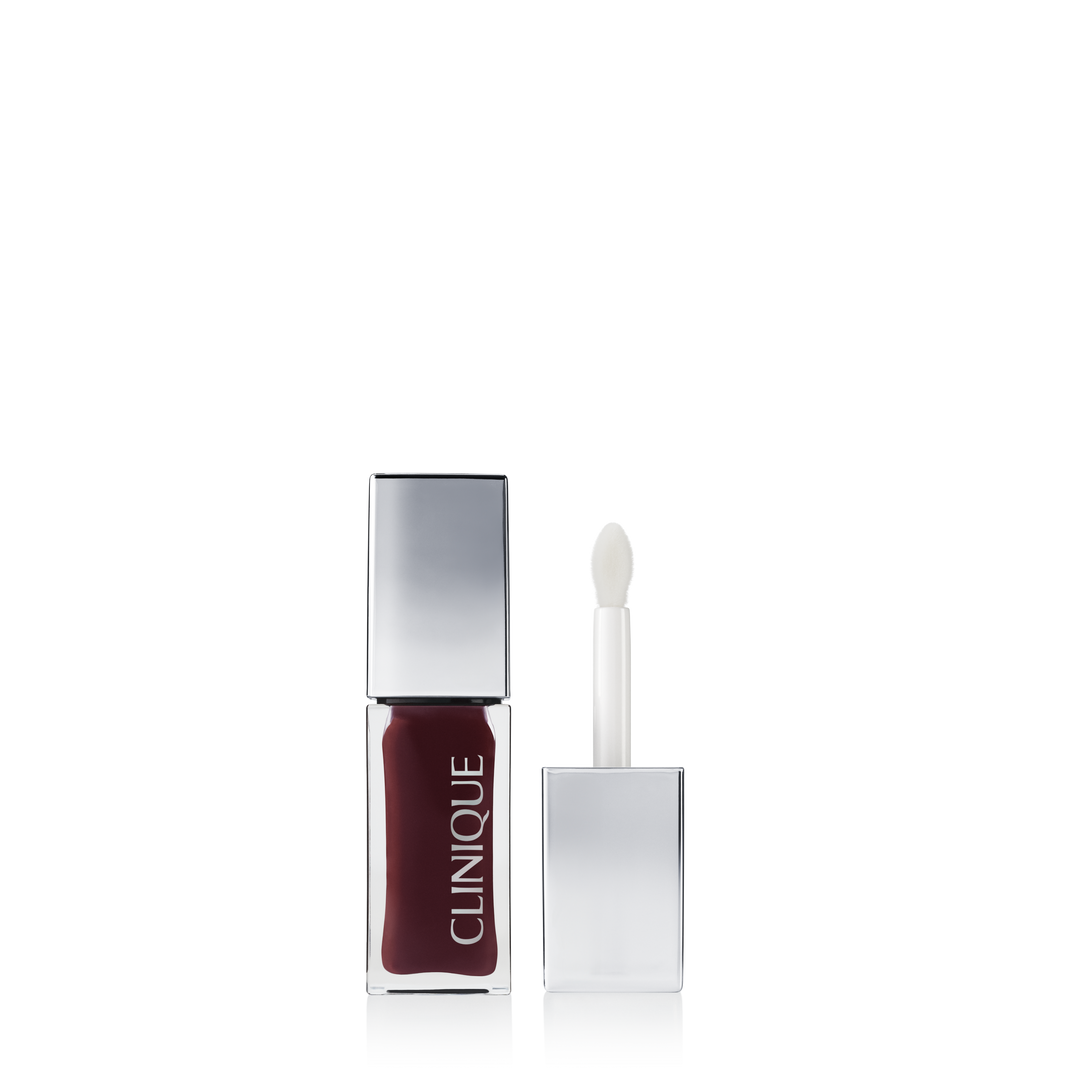 Clinique dark berry lip gloss with silver rectangular cap and white doe-foot applicator