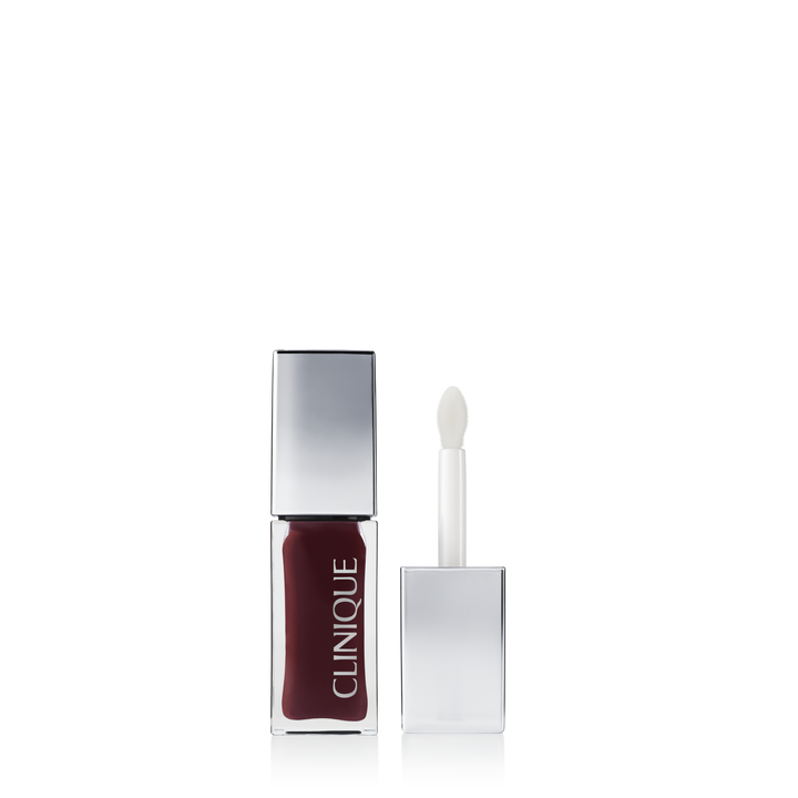 Clinique dark berry lip gloss with silver rectangular cap and white doe-foot applicator