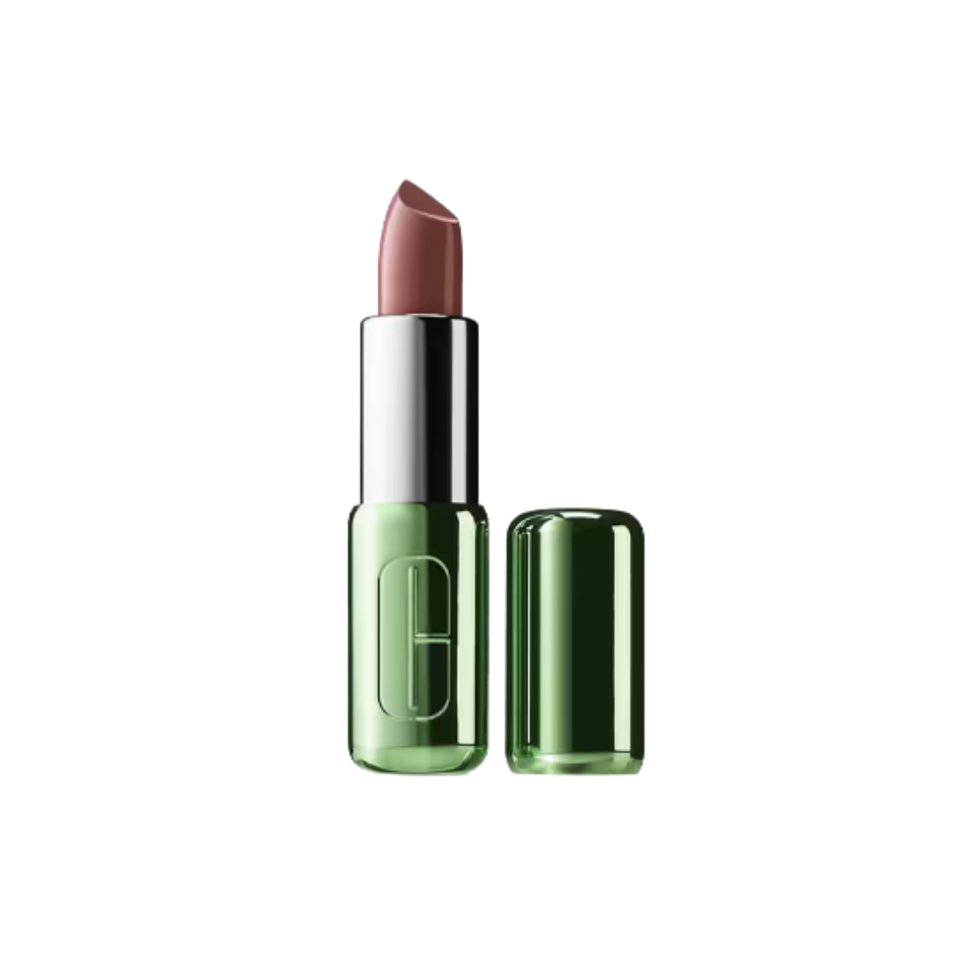 Clinique lipstick in metallic green tube with matching cap and mauve pink bullet