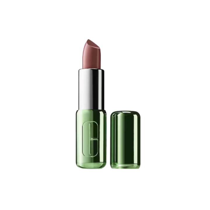 Clinique lipstick in metallic green tube with matching cap and mauve pink bullet