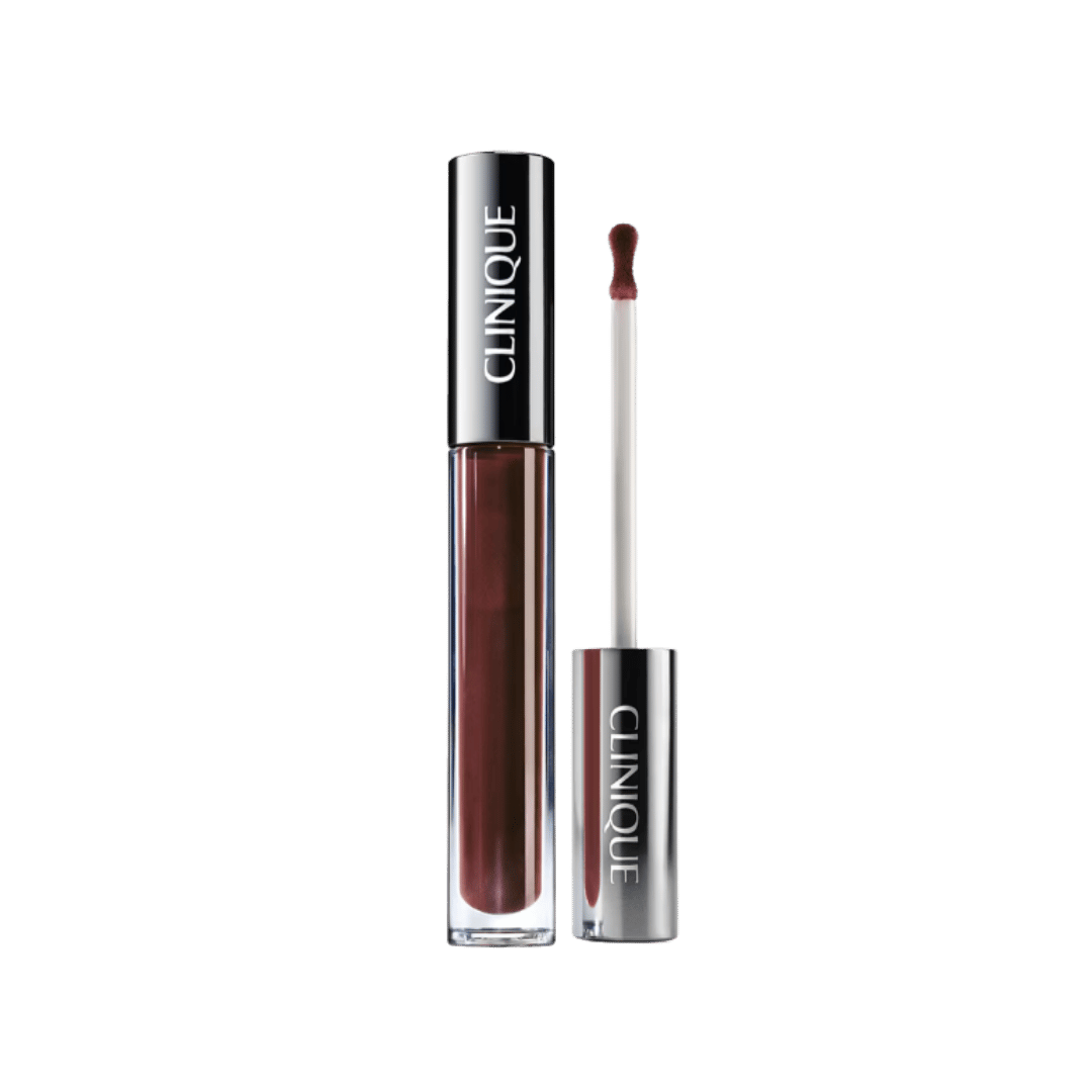 Clinique Pop Plush Creamy Lip Gloss in Black Honey Pop, clear rectangular tube with applicator.