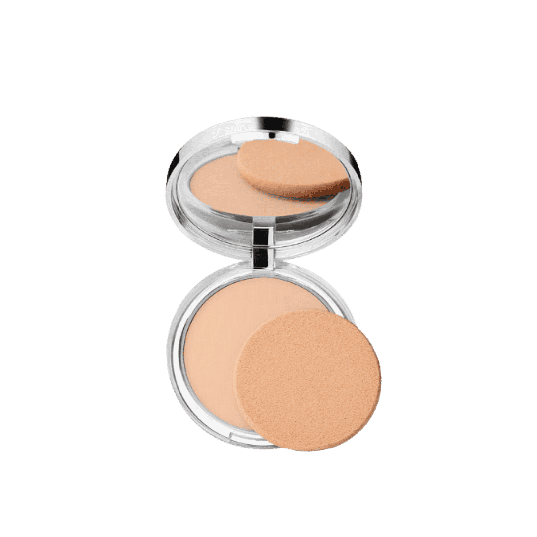 Open compact pressed powder with clear case, mirror, beige shade, and round sponge applicator