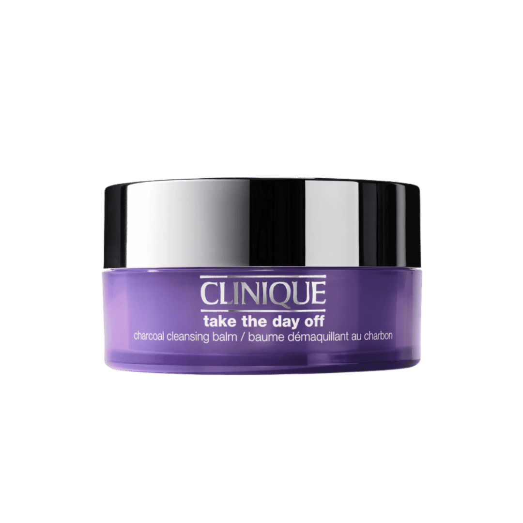 Clinique Take The Day Off charcoal cleansing balm in purple jar with silver lid