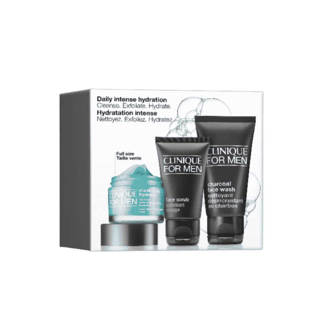 Clinique For Men Daily Intense Hydration set with moisturizer jar, face scrub, and charcoal face wash