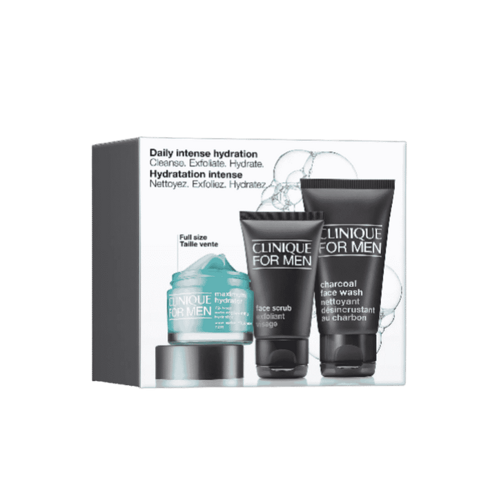 Clinique For Men Daily Intense Hydration set with moisturizer jar, face scrub, and charcoal face wash