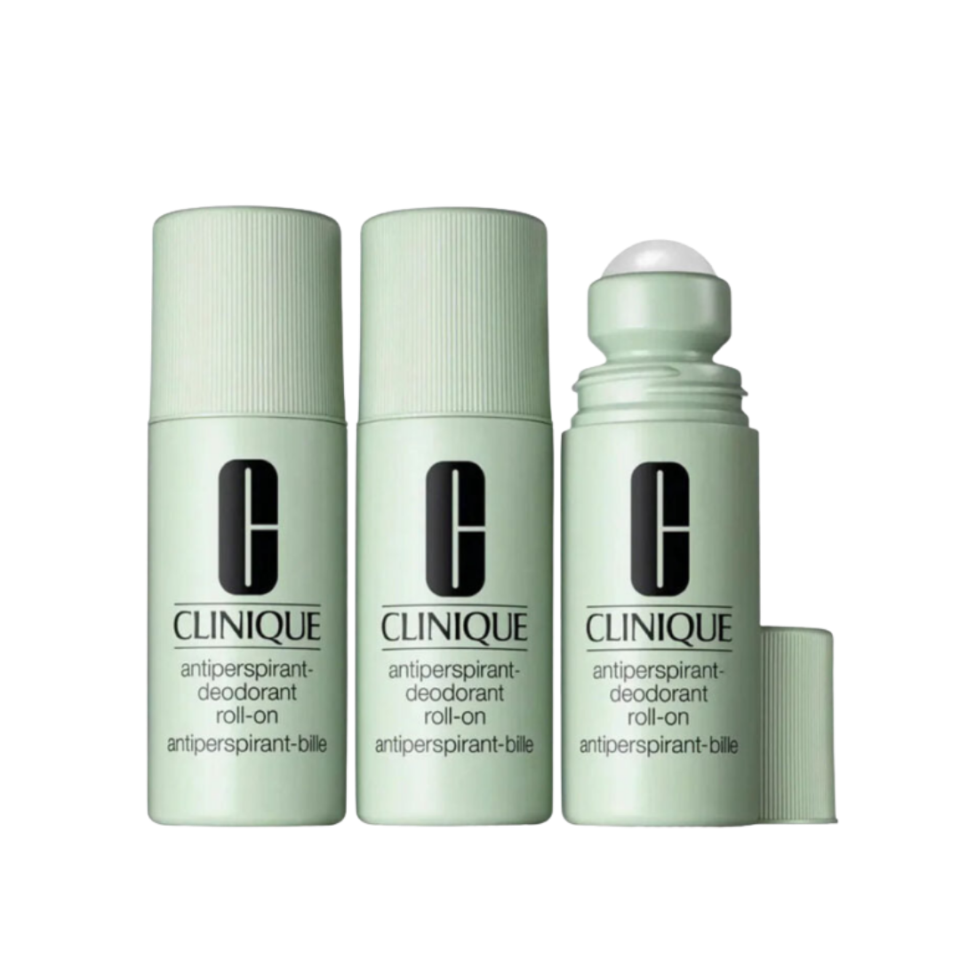 Clinique antiperspirant deodorant roll-on in pale green bottles, one open with white rollerball