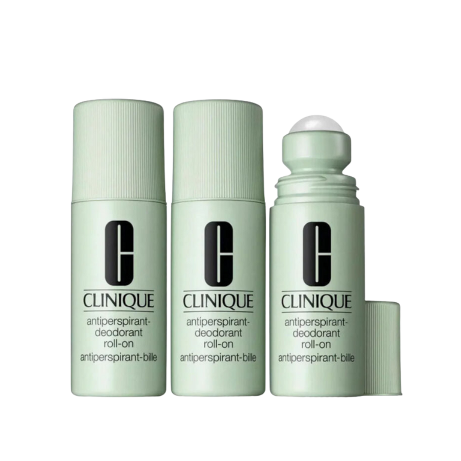 Clinique antiperspirant deodorant roll-on in pale green bottles, one open with white rollerball