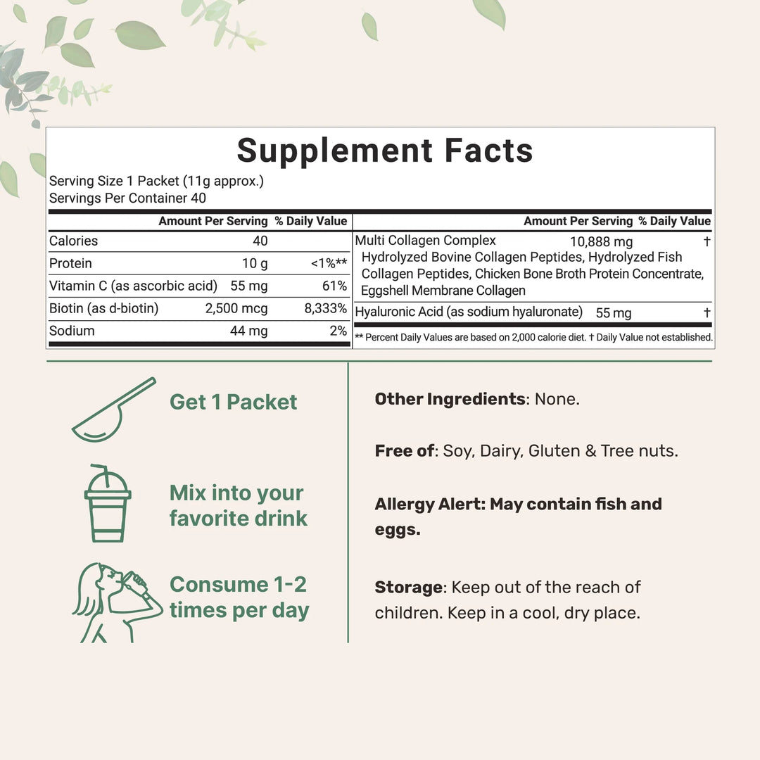 Micro Ingredients Multi Collagen Peptides Powder, 40 Stick Packs Type I, II, III, V, X + Biotin, Vitamin C Hyaluronic Acid - 440g | ببتيدات الكولاجين المتعددة من مايكرو إنجرادينتس، ٤٠ حزمة - 440غ