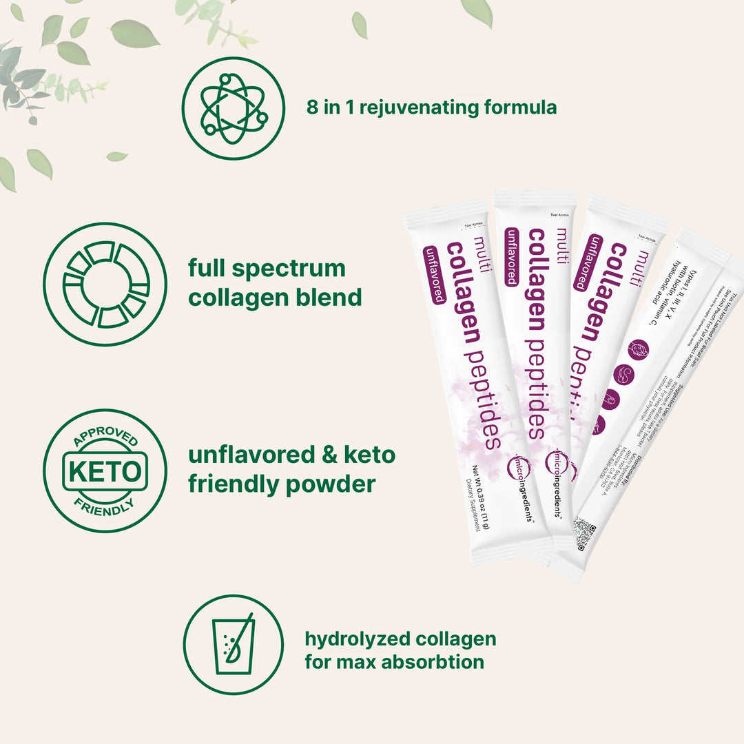 Micro Ingredients Multi Collagen Peptides Powder, 40 Stick Packs Type I, II, III, V, X + Biotin, Vitamin C Hyaluronic Acid - 440g | ببتيدات الكولاجين المتعددة من مايكرو إنجرادينتس، ٤٠ حزمة - 440غ
