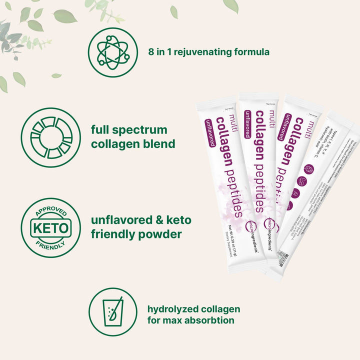 Micro Ingredients Multi Collagen Peptides Powder, 40 Stick Packs Type I, II, III, V, X + Biotin, Vitamin C Hyaluronic Acid - 440g | ببتيدات الكولاجين المتعددة من مايكرو إنجرادينتس، ٤٠ حزمة - 440غ