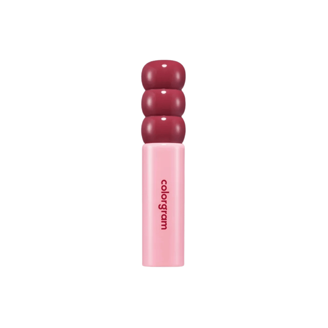 Colorgram lipstick, pink cylindrical tube with stacked burgundy cap, printed text branding, 640x640px 