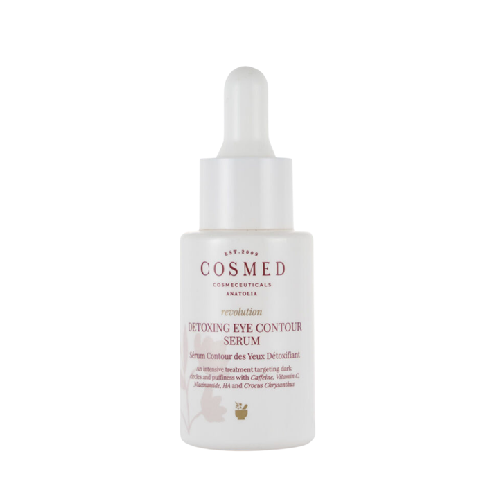 Cosmed Revolution Detoxing Eye Contour Serum, 15ml, white dropper bottle with burgundy lettering and logo