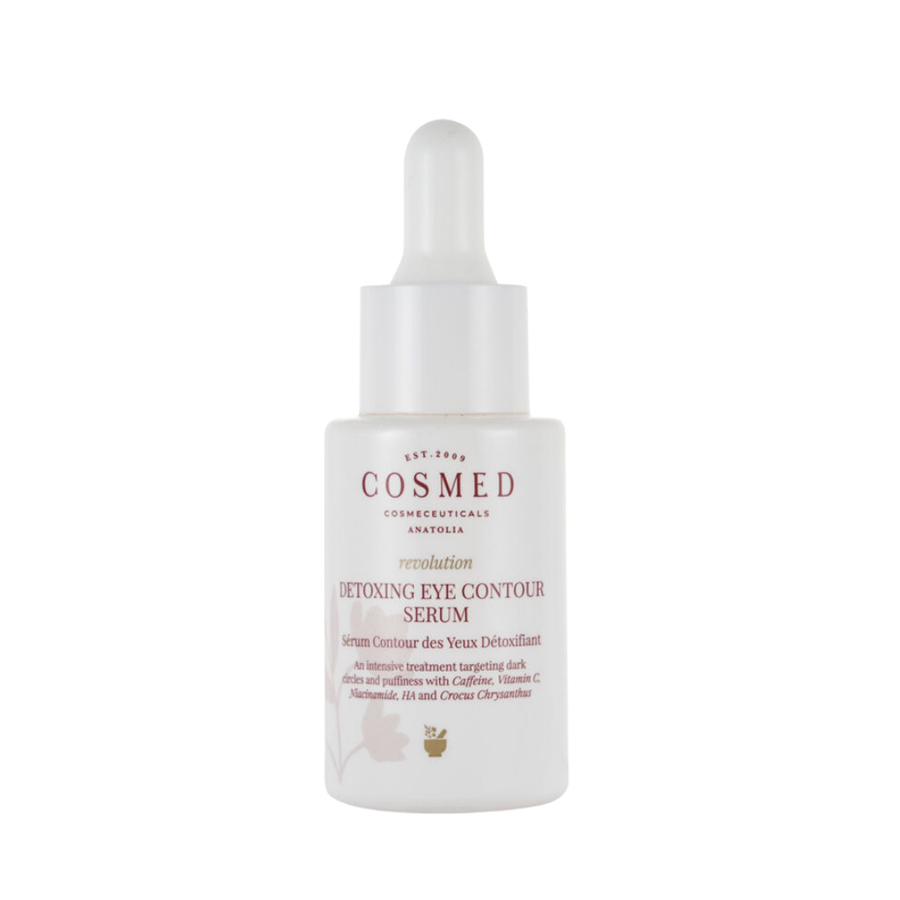 Cosmed Revolution Detoxing Eye Contour Serum, 15ml, white dropper bottle with burgundy lettering and logo