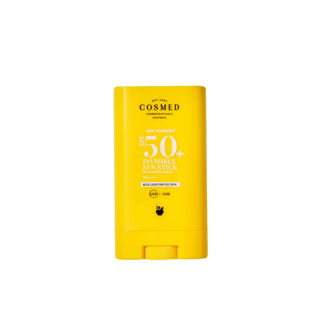 Cosmed Sun Essential SPF 50+ Invisible Sun Stick in bright yellow rectangular stick packaging