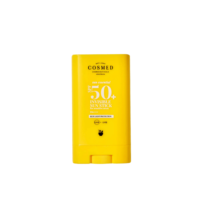 Cosmed Sun Essential SPF 50+ Invisible Sun Stick in bright yellow rectangular stick packaging