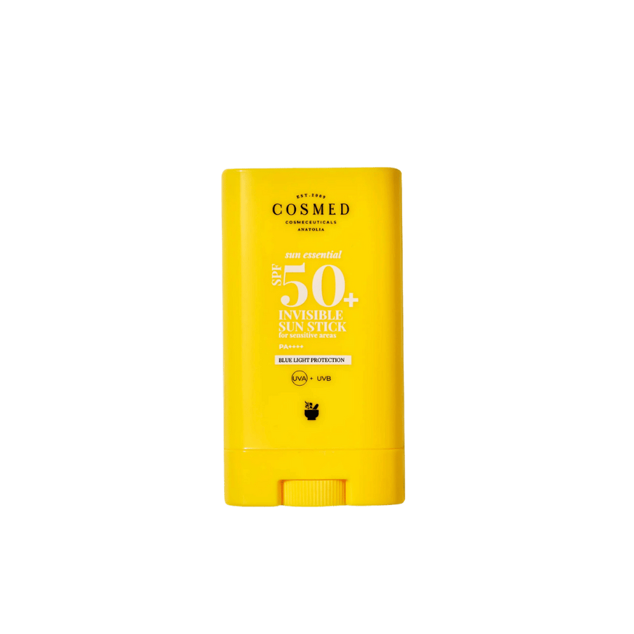 Cosmed Sun Essential SPF 50+ Invisible Sun Stick in bright yellow rectangular stick packaging