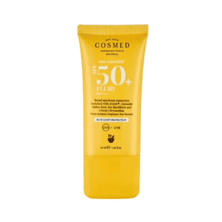 Cosmed Sun Essential Fluid SPF50+, 50ml, yellow squeeze tube with white cap for broad-spectrum sun protection.