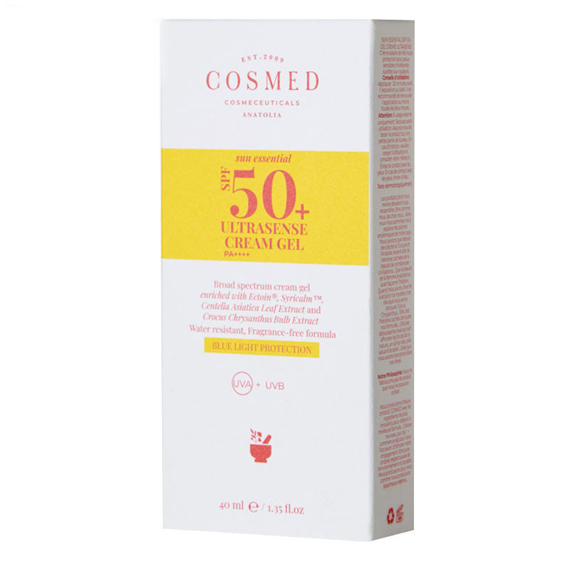 Cosmed Sun Essential Ultrasense SPF 50+ cream gel, 40ml, white carton with yellow and pink labeling