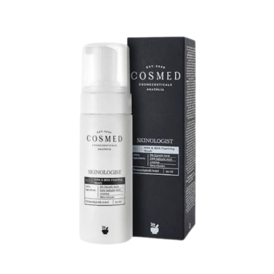 Cosmed Skinologist AHA and BHA foaming wash, 150ml, white pump bottle beside black rectangular carton