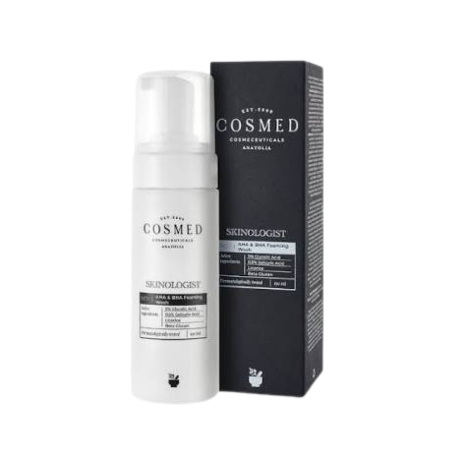 Cosmed Skinologist AHA and BHA foaming wash, 150ml, white pump bottle beside black rectangular carton