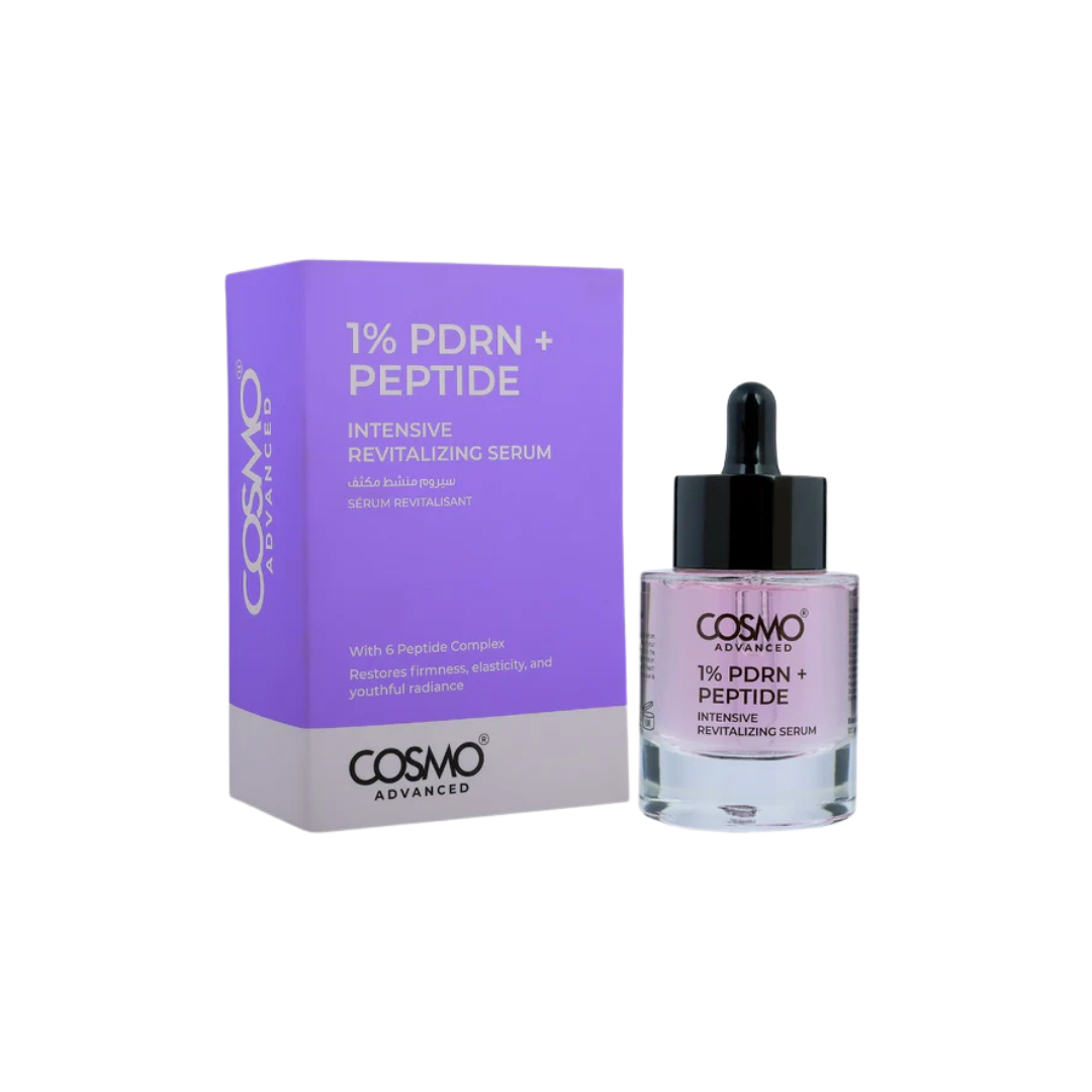 Cosmo Advanced 1% PDRN + Peptide Intensive Revitalizing Serum, dropper bottle with purple box.