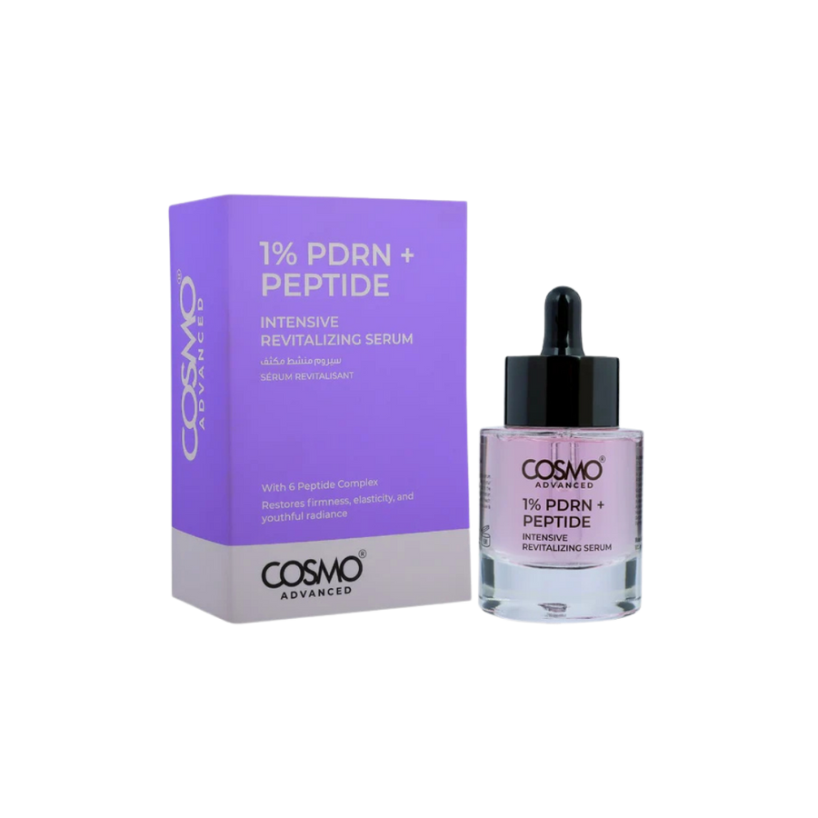Cosmo Advanced 1% PDRN + Peptide Intensive Revitalizing Serum, dropper bottle with purple box.