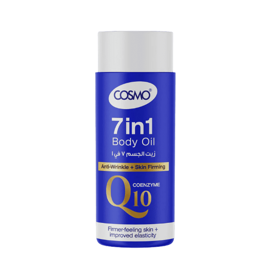 Cosmo 7-in-1 Body Oil, multi-benefit firming and anti-wrinkle body oil, 120ml bottle with blue packaging.