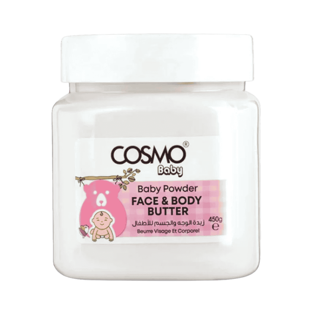 Cosmo Baby face and body butter 450g jar, baby powder scent, pink label with baby illustration