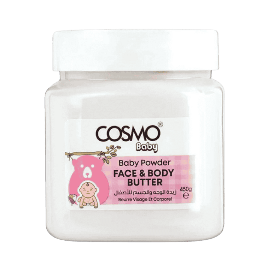 Cosmo Baby face and body butter 450g jar, baby powder scent, pink label with baby illustration