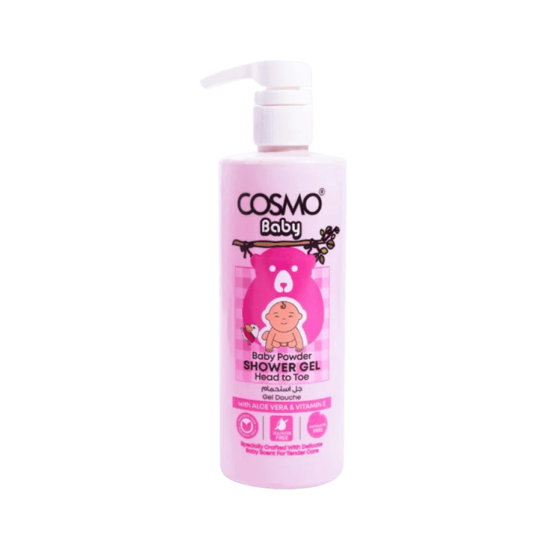 Cosmo Baby shower gel pump bottle, baby powder scent, with aloe vera and vitamin E, pink packaging
