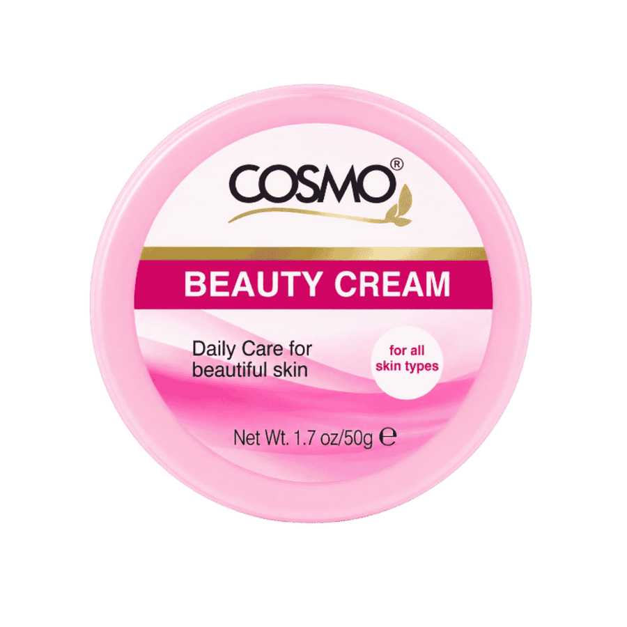 COSMO Beauty Cream, round pink jar with screw lid, printed text branding, daily care for all skin types, 50g