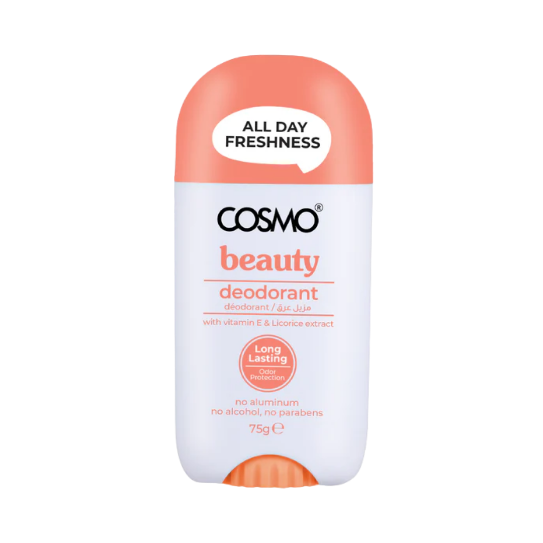 Cosmo Beauty deodorant stick, white with orange cap, All Day Freshness label, 75g.
