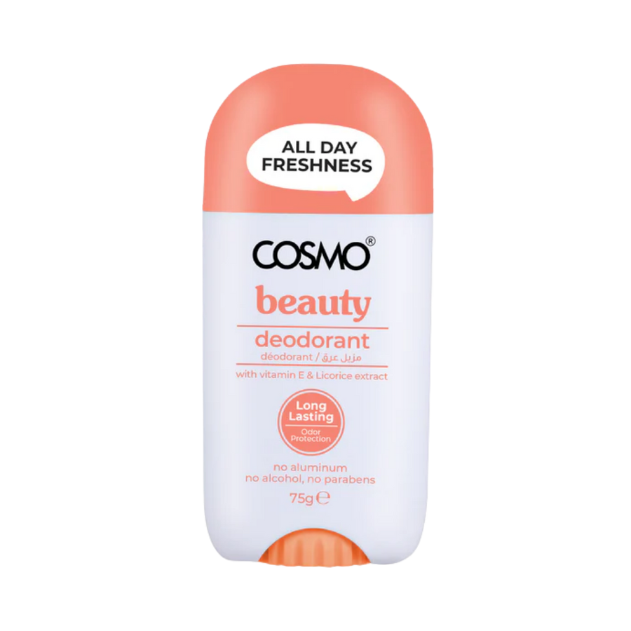 Cosmo Beauty deodorant stick, white with orange cap, All Day Freshness label, 75g.
