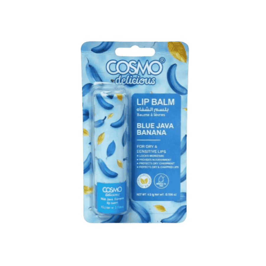 Cosmo Delicious Lip Balm in Blue Java Banana, 4.5g, designed for dry and sensitive lips. It locks in moisture, provides nourishment, and protects against chapped lips.