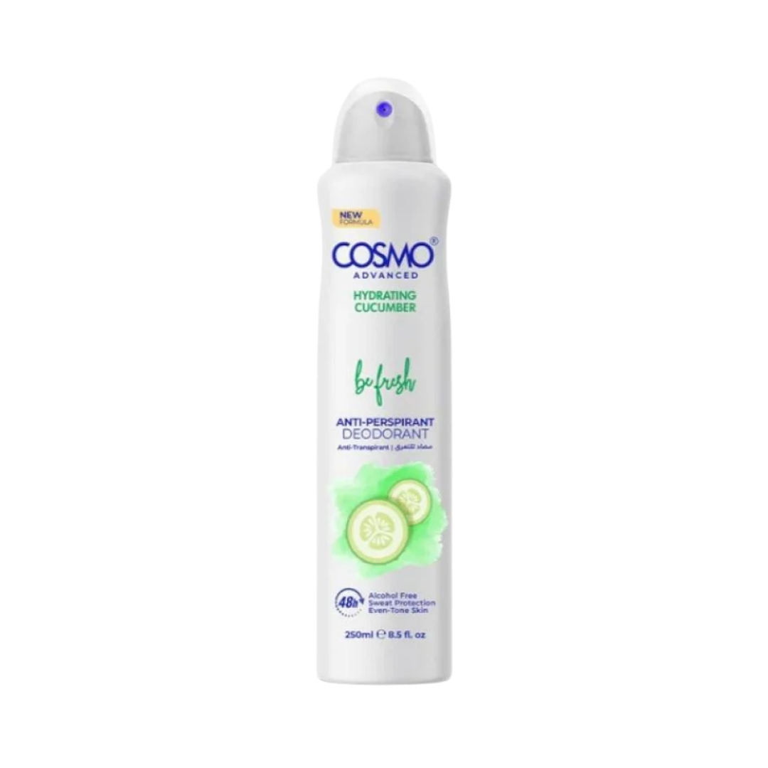 COSMO Advanced Hydrating Cucumber anti-perspirant deodorant spray 250ml white bottle with green accents