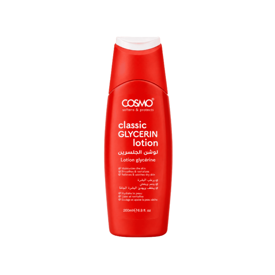 Cosmo Classic Glycerin Lotion 200ml in red bottle with white cap and bilingual label
