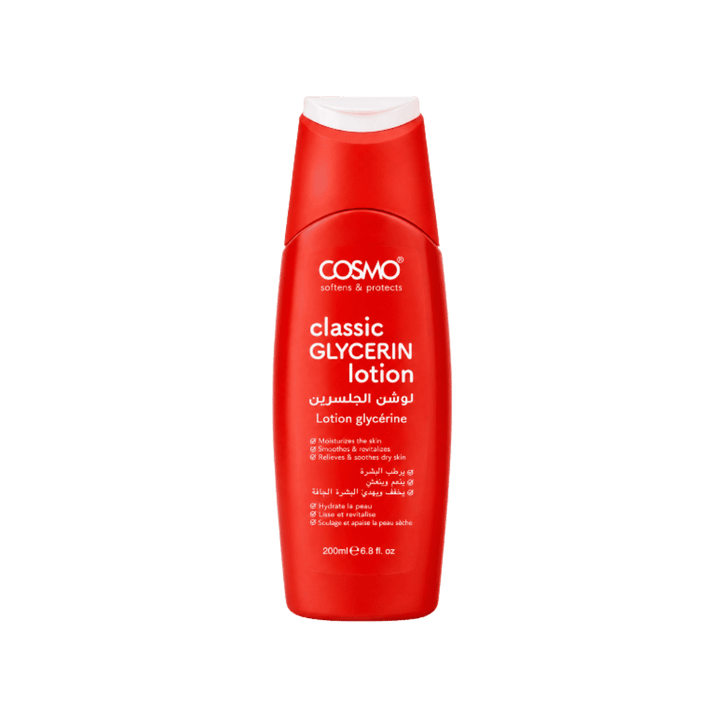 Cosmo Classic Glycerin Lotion 200ml in red bottle with white cap and bilingual label