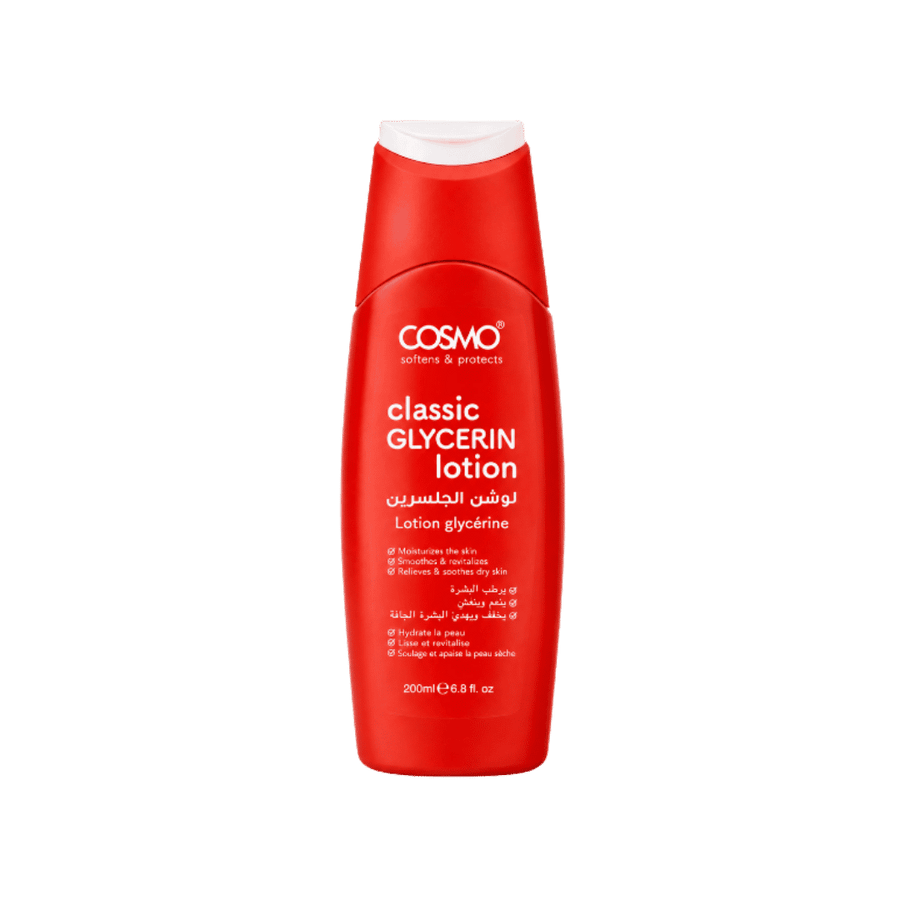 Cosmo Classic Glycerin Lotion 200ml in red bottle with white cap and bilingual label