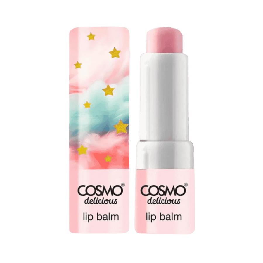 Cosmo Delicious lip balm cotton candy flavor 4.5g stick with pink cap and colorful star design