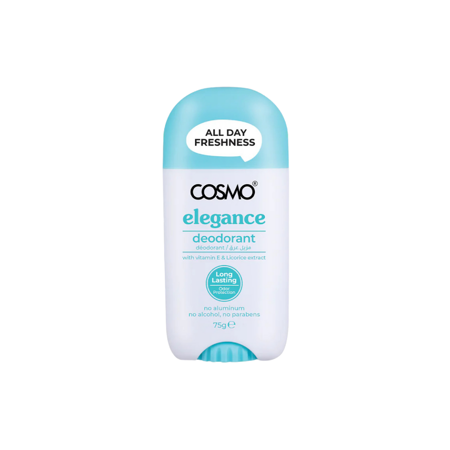 Cosmo Elegance deodorant stick 75g, white and turquoise packaging, aluminum-free formula with vitamin E and licorice extract
