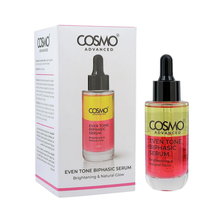 Cosmo Advanced Even Tone Biphasic Serum, dropper bottle with yellow pink liquid and white box.