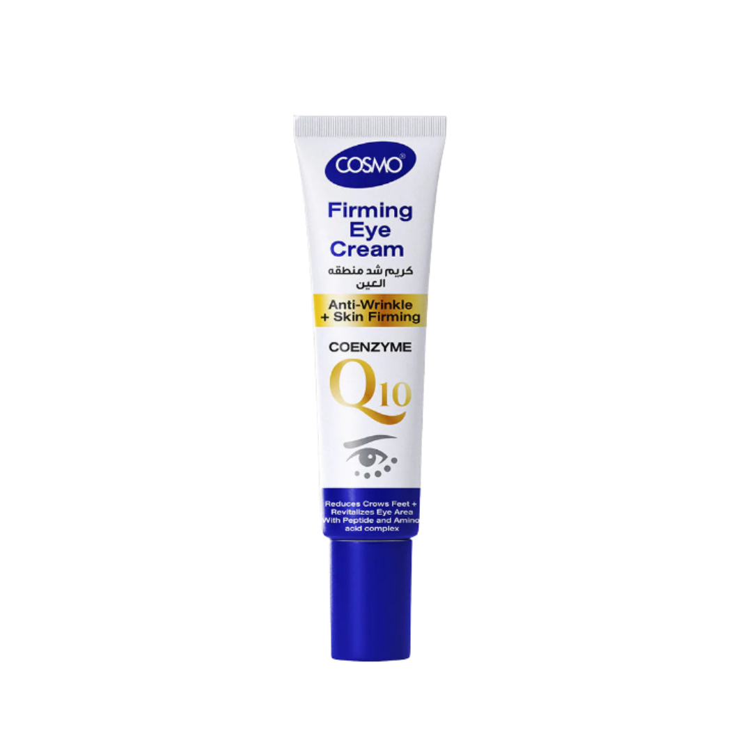 Cosmo Firming Eye Cream Coenzyme Q10, white tube with blue cap and gold label accents.