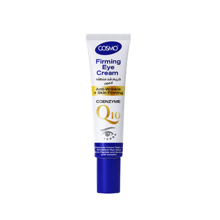 Cosmo Firming Eye Cream Coenzyme Q10, white tube with blue cap and gold label accents.